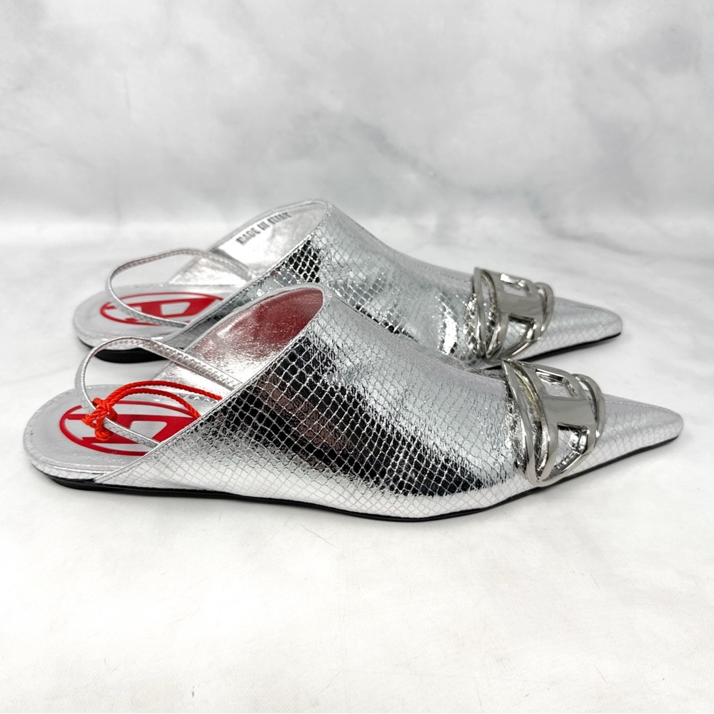 NEW Diesel D-Venus Snakeskin Metallic Metal Logo Pointed Toe Flat Mule Shoes 37 - Picture 6 of 16